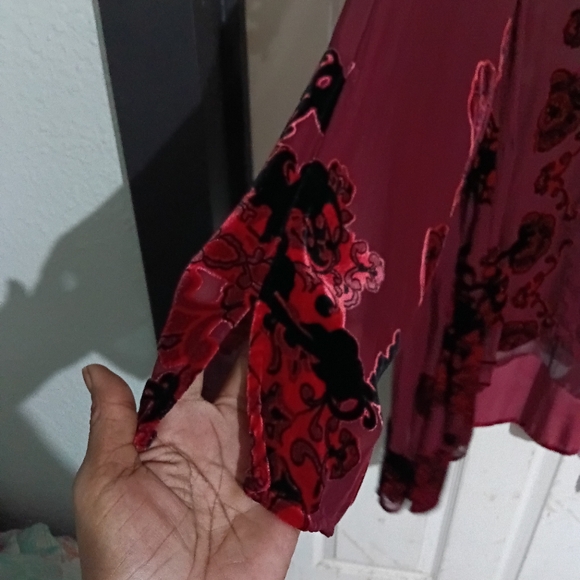 Citron Sz. 4X Rayon & Silk Mix Burgundy Velvet Burnout Button Down Tunic Blouse - Picture 8 of 16